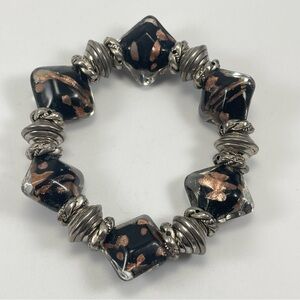 Bracelet Stretch Bold Chunky Murano Glass Silver Tone Beaded Black Rose Gold